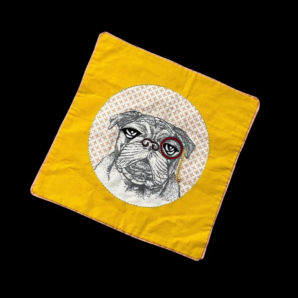 Decorative Bulldog Monocle Pillow Cover Yellow Cotton Kitschy Embroidered Dog - Picture 1 of 10